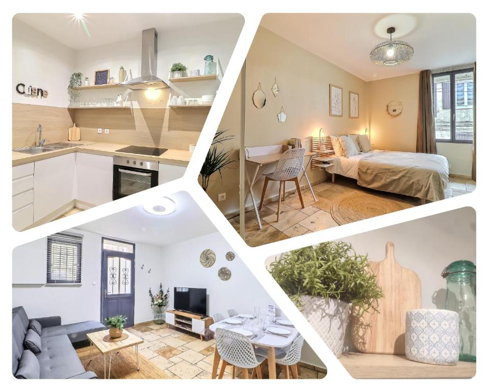 a collage of photos of a kitchen and a living room at LE LOGY-COSY - Appartement 5 pers - Clim Wifi Cosy Garage in Saint-Gilles