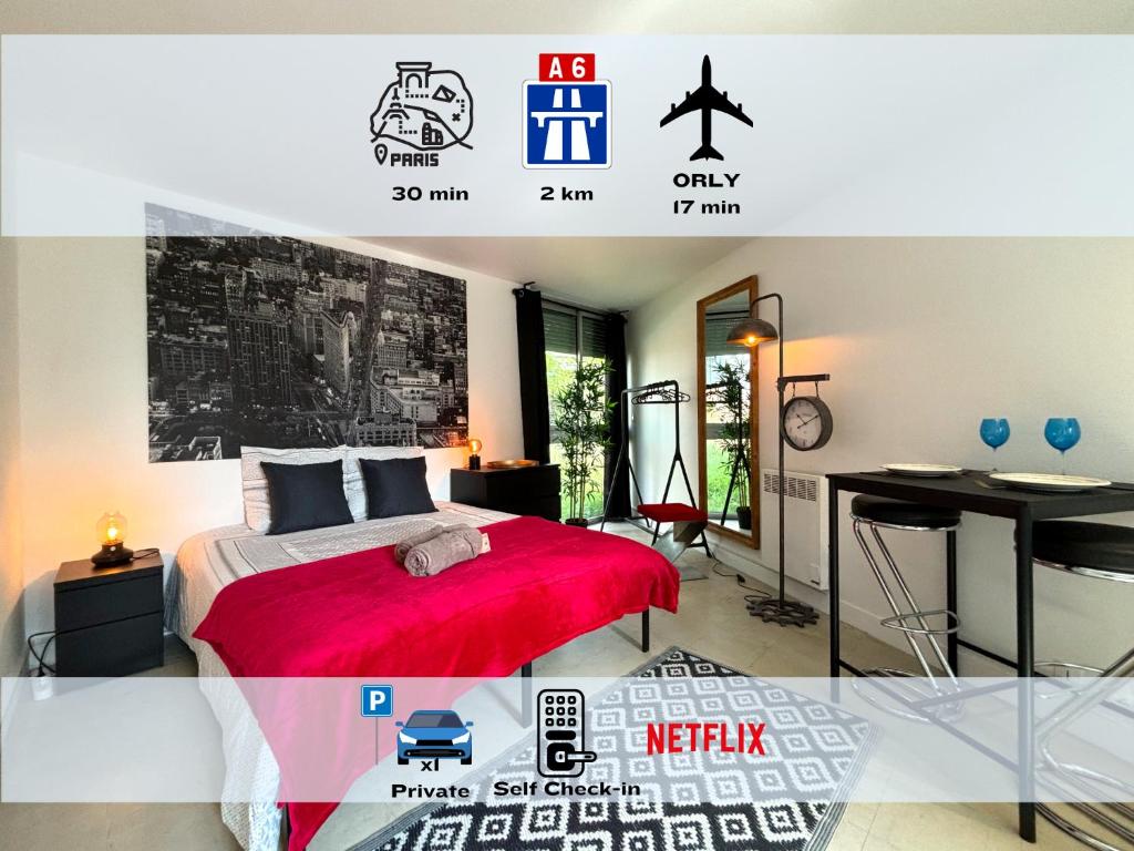 a poster of a bedroom with a bed and a desk at Les Entrepreneurs - Appartements neufs et spacieux, proche RER C et Aéroport Orly in Morangis