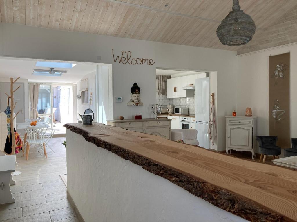 Il comprend une cuisine et un salon avec un comptoir en bois. dans l'établissement La Bohème, à Rochefort