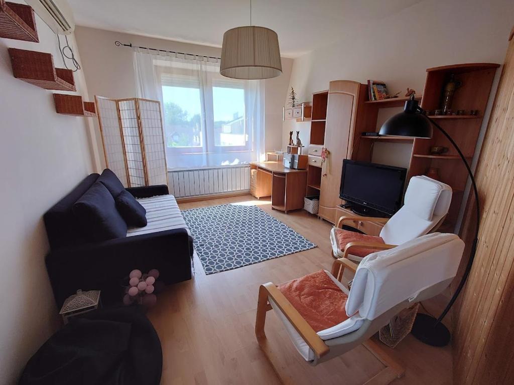 salon z kanapą i telewizorem w obiekcie Wellness Lakás w Nyíregyházie