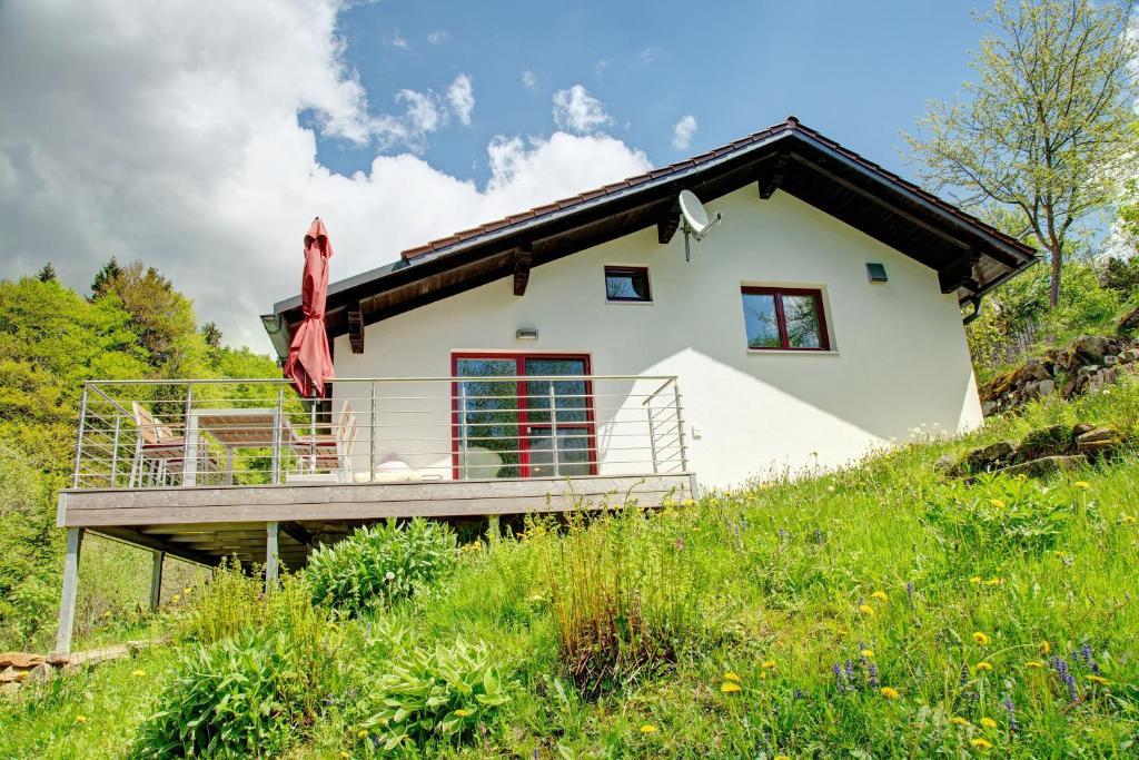 a house on a hill with a deck at Berghütte Waldhäuser in Neuschönau