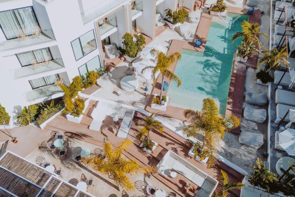 una vista aérea de una piscina del hotel con palmeras en Nativo Hotel Ibiza en Santa Eulalia del Río