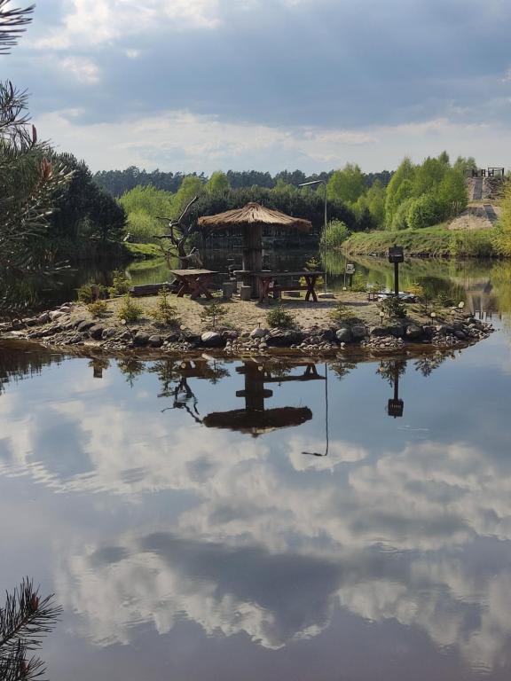 a pond with a hut in the middle of it at Domki Bory Tucholskie - Kurs na wypoczynek in Osieczna