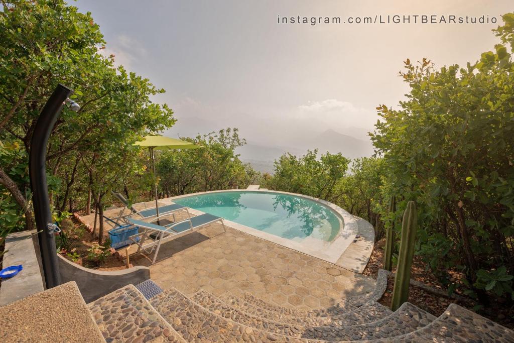 a swimming pool in a garden with trees at Utopia Casas Boutique in Oaxaca City