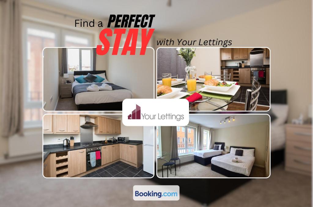 a collage of pictures of a living room and a kitchen at Luxury 6 Bedroom Contractor House By Your Lettings Short Lets & Serviced Accommodation Peterborough With Free WiFi in Peterborough