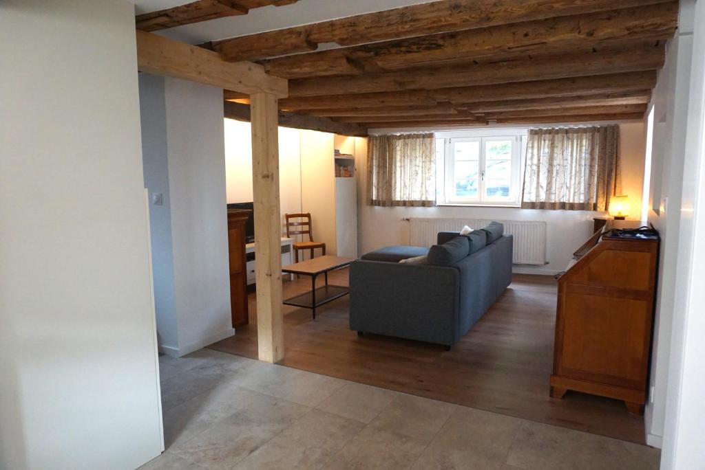 ein Wohnzimmer mit einem Sofa und einem Tisch in der Unterkunft Gîte Les Hirondelles - maison typique - centre village - proche vignoble in Scherwiller