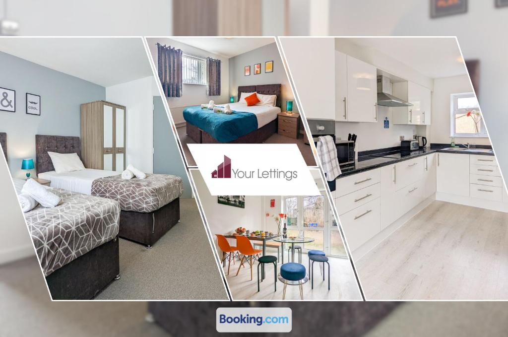 un collage di tre foto di una camera d'albergo di 5 Bedroom Contractor House with Free Parking and Free WiFi - Outfield Homes by Your Lettings Peterborough a Peterborough