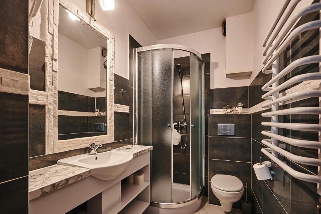 a bathroom with a shower and a sink and a toilet at Noclegi Emma - Pokoje Gościnne in Gliczarów