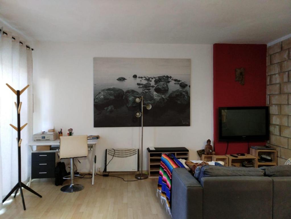 un salon avec un canapé et une télévision à écran plat dans l'établissement Joli appartement 3 personne, à Hendaye