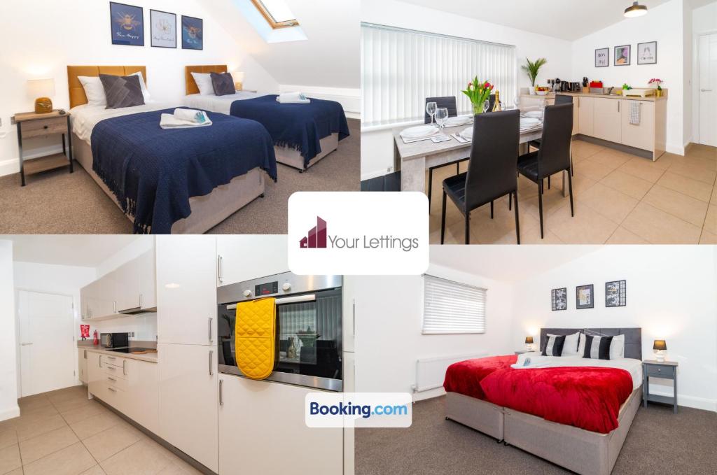 un collage de tres fotos de una habitación de hotel en Stylish 2 Bedroom Apartment By Your Lettings Short Lets & Serviced Accommodation Peterborough With Free WiFi,Parking And More en Huntingdon