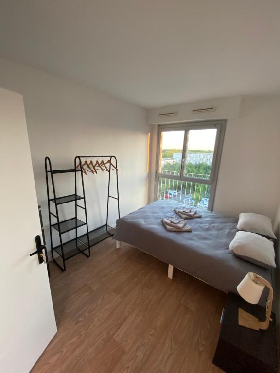 een slaapkamer met een bed met een ladder en een raam bij Appartement Spacieux - 10' Gare in Angers