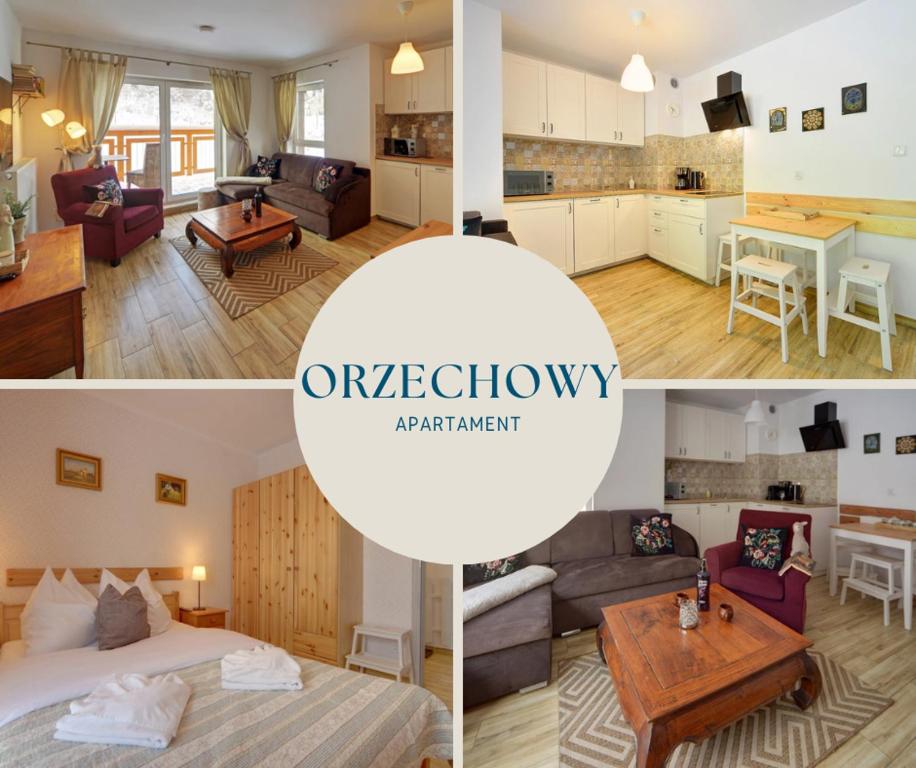 un collage de photos d'une chambre et d'un salon dans l'établissement Trevilles Apartamenty - Orzechowy, à Szklarska Poręba