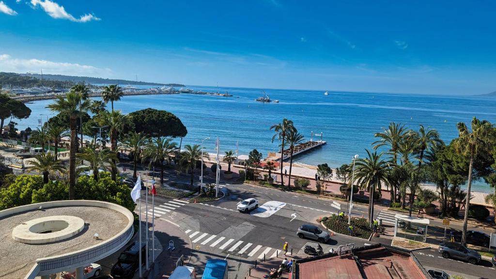 une vue sur une plage avec des palmiers et l'océan dans l'établissement Ref ILES - Palmes d'Or Properties, à Cannes