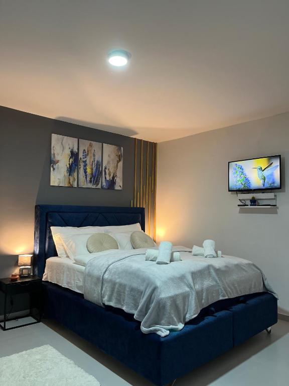 a bedroom with a large bed with a tv on the wall at Apartments Indigo in Jajce