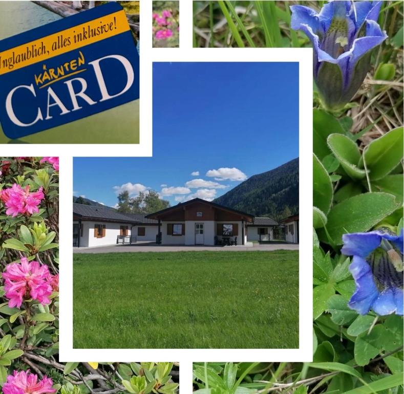 a collage of pictures of a house and flowers at BergAufe Chalets Mallnitz in Mallnitz