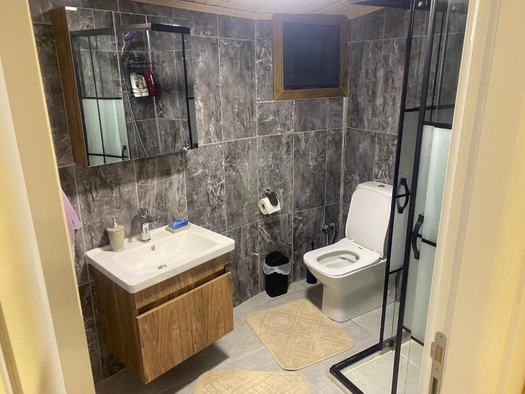 un baño con lavabo e inodoro en ELAT Bungalow, en Pazar