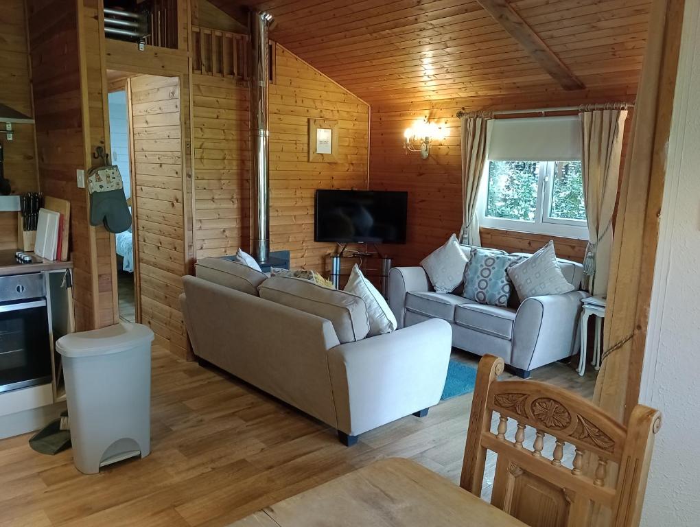 馬漢萊斯的住宿－Comfy Secluded Cabin，客厅配有两张沙发和一台电视