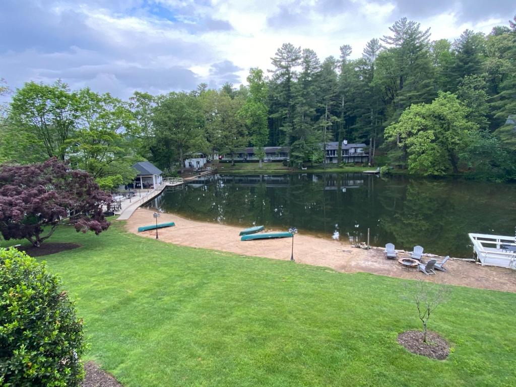 una vista aérea de un lago con una casa en Lakefront Bubbles & Beach, en Flat Rock