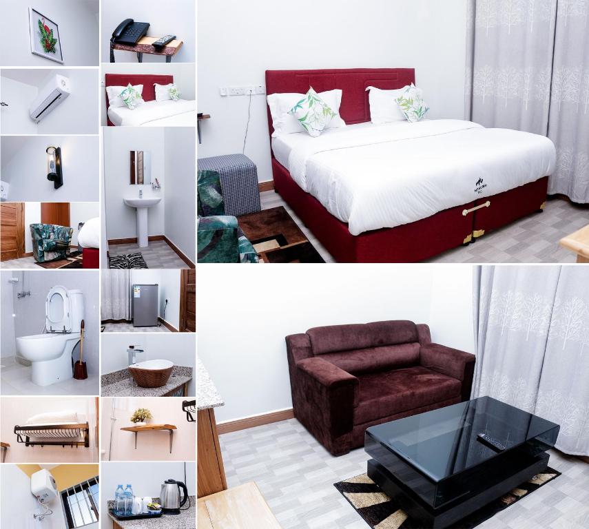 eine Collage mit Fotos eines Schlafzimmers mit einem Bett und einem TV in der Unterkunft Mesuma Hotel Dodoma in Dodoma