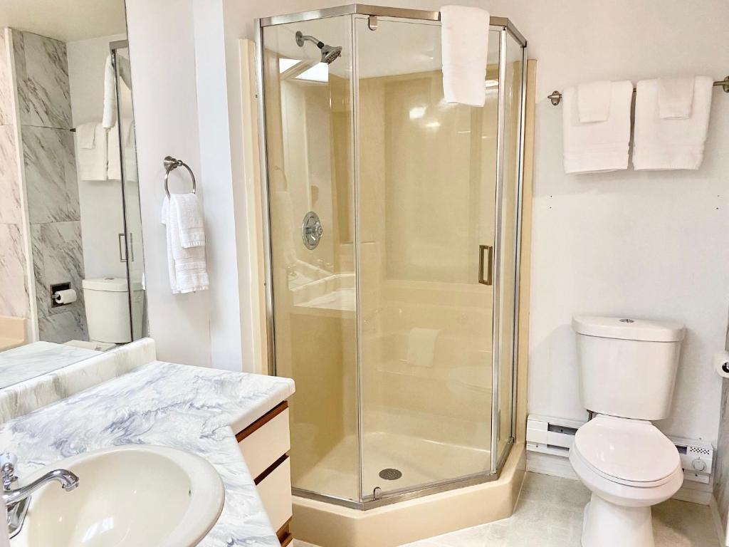 ein Bad mit einer Dusche, einem WC und einem Waschbecken in der Unterkunft Dells Suite Dreams At Lighthouse Cove Condominiums in Wisconsin Dells