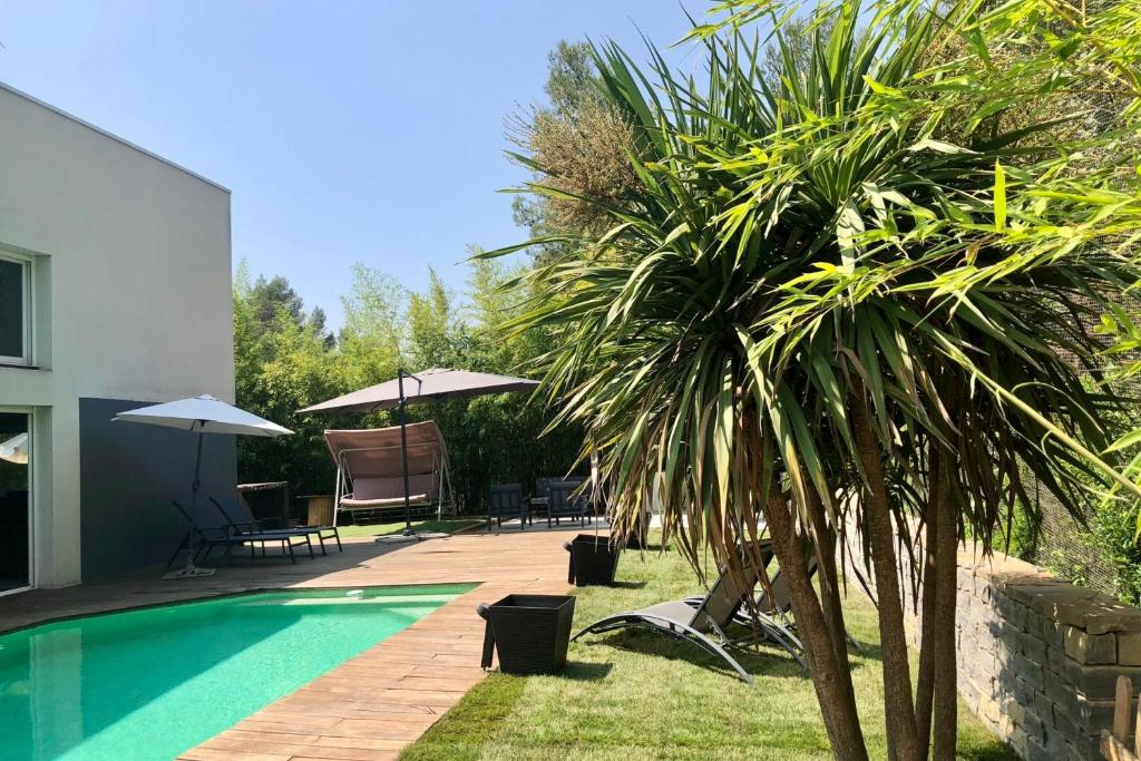 a swimming pool with a palm tree next to a house at La Moderne- Swimming pool games room and air conditioning! in Saint-Gély-du-Fesc