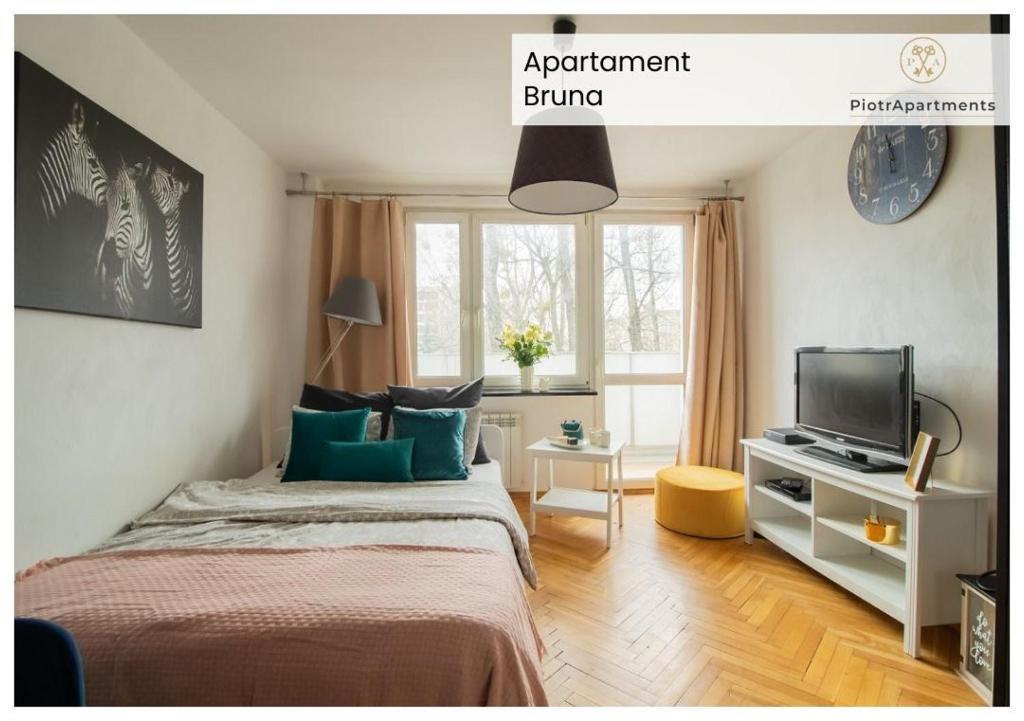 1 dormitorio con 1 cama, TV y ventana en PiotrApartments II, en Varsovia