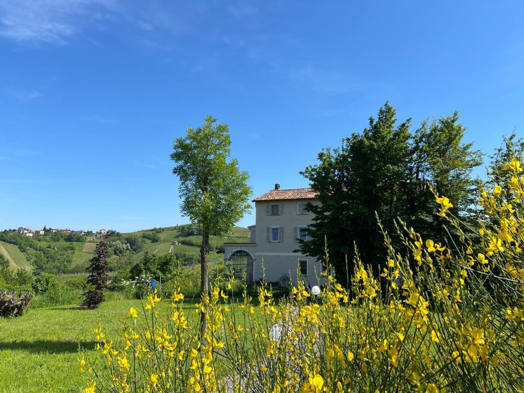 a house in the middle of a field with yellow flowers at Albero di Karta in Canneto Pavese