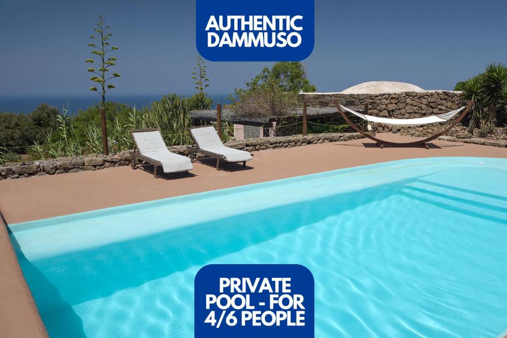 a swimming pool with two chairs and a hammock at Lighted Pool, Barbecue & Sea View - Authentic "Dammusi" in Pantelleria
