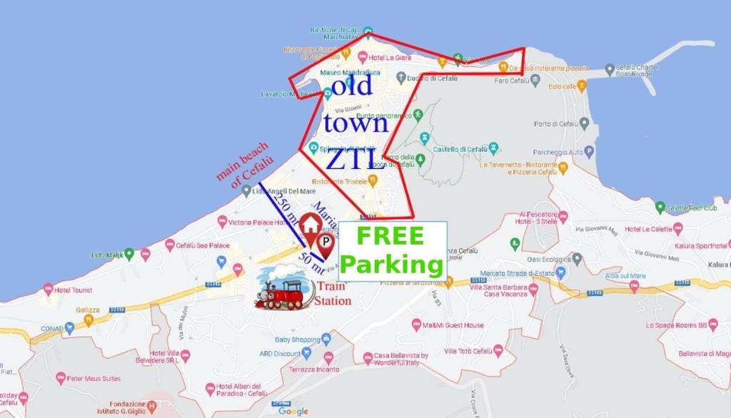 a map with a free parking sign on it at Maria's - Parking Area, no ZTL, close Train Station and Beach in Cefalù