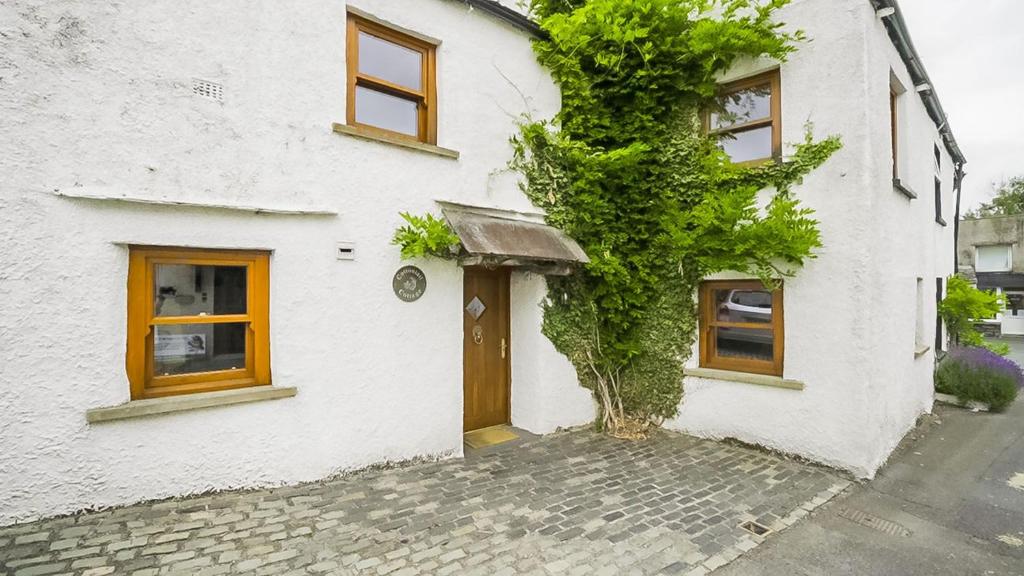 une maison blanche avec un arbre devant dans l'établissement Cottontail Cottage, à Staveley