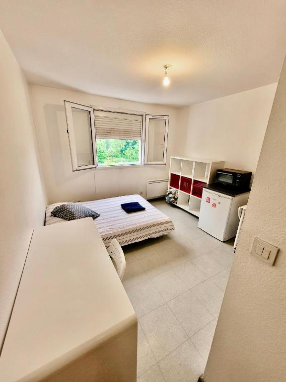 Cette petite chambre comprend un lit et une cuisine. dans l'établissement Pratique, Proche Gare & Petit Prix avec Parking, à Grenoble