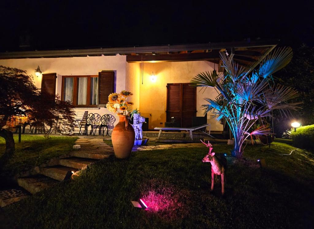 B&B Margot في Albavilla: منزل في الليل مع مزهرية في الفناء