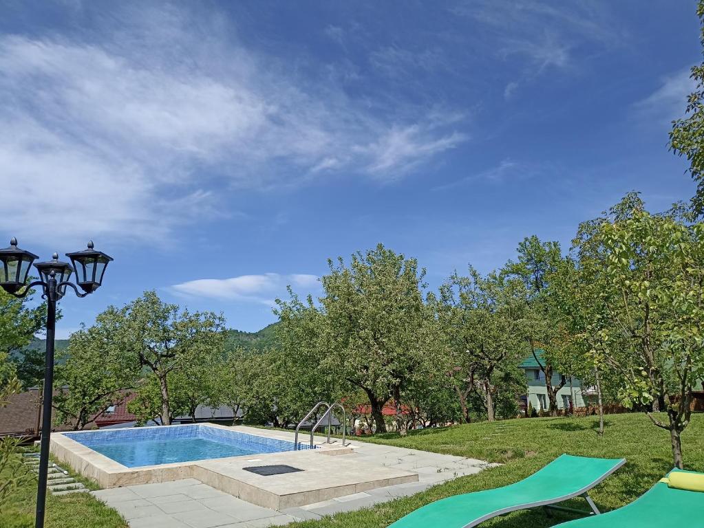 una piscina en un patio con parque infantil en Pension Verde en Baia-Sprie