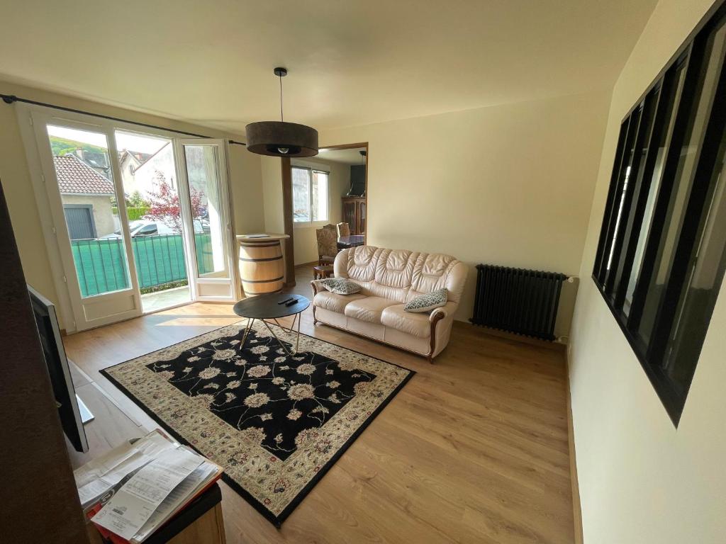 un salon avec un canapé et un tapis dans l'établissement Appartement T3 Equipé de 75 m2 en Centre Ville, à Aurillac