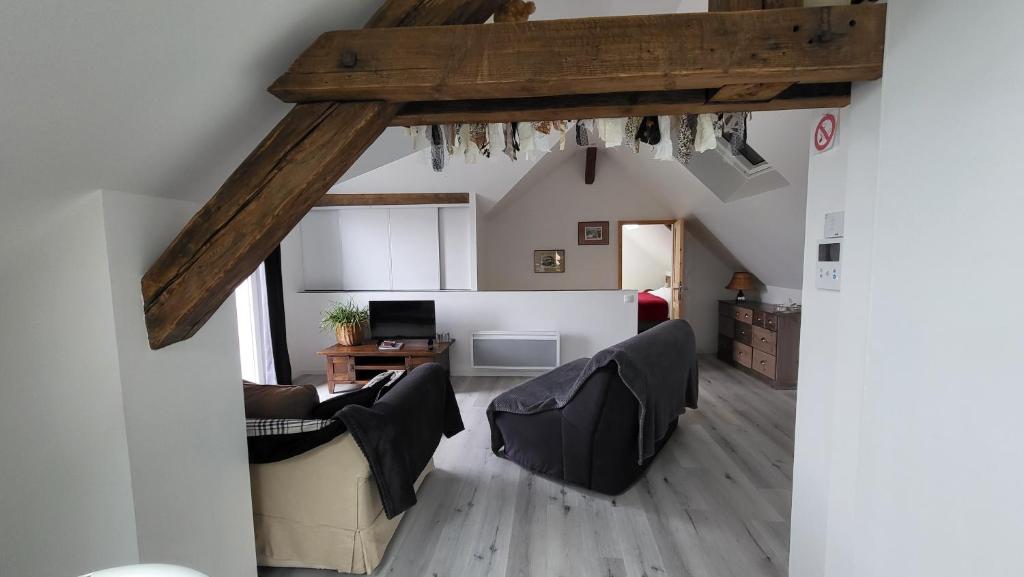 ein Wohnzimmer mit 2 Sofas und einem Tisch in der Unterkunft Au Gré de L'Ill "Les toits d'Horbourg" in Horbourg