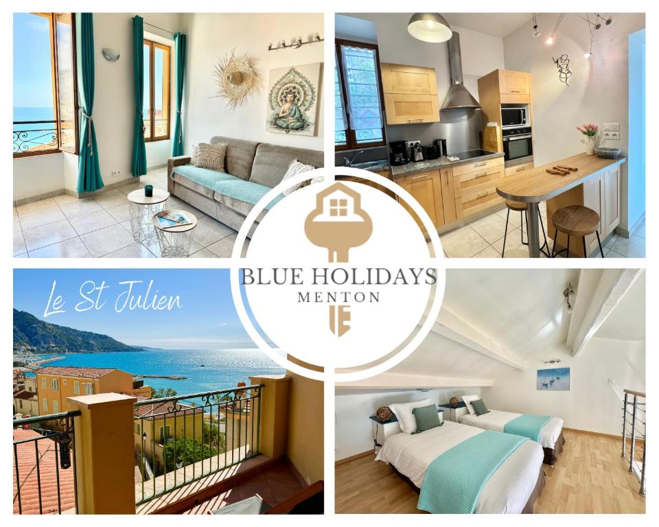 un collage d'images d'une mémoire de vacances bleue dans l'établissement Le St Julien Terrasse vue mer exceptionnelle, à Menton
