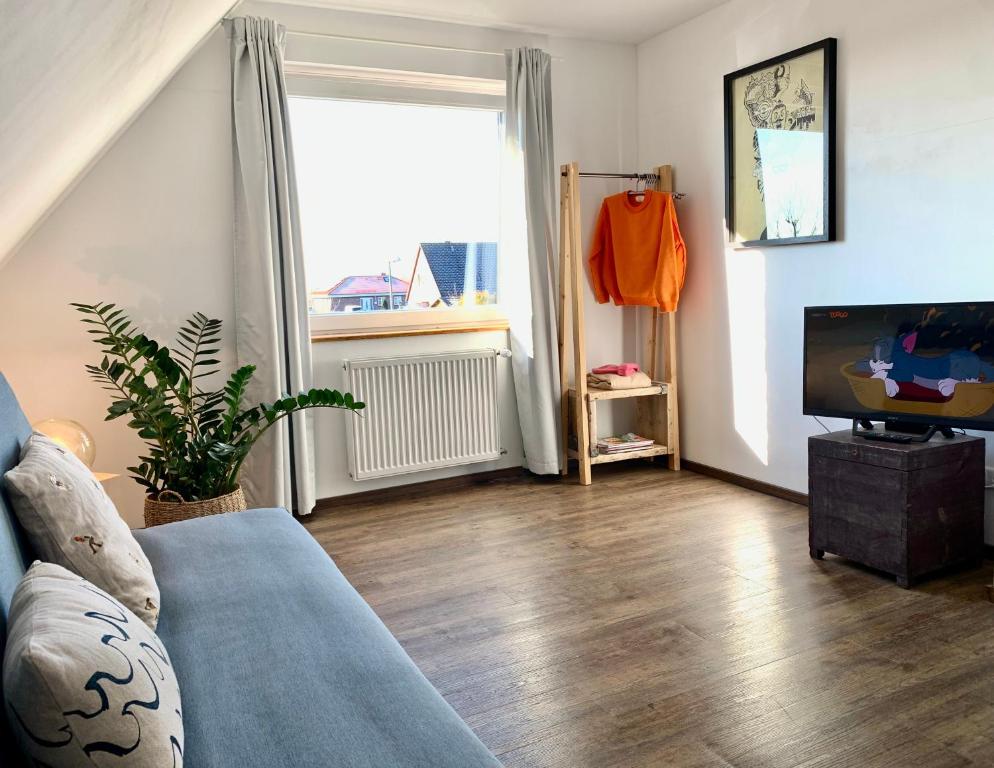 een woonkamer met een bank en een tv bij Casa Marcu Wohnung 1 OG in Landkirchen