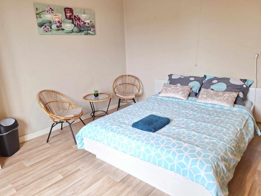 a bedroom with a bed with two chairs and a table at Eenvoudige slaapkamer Geraardsbergen in Geraardsbergen