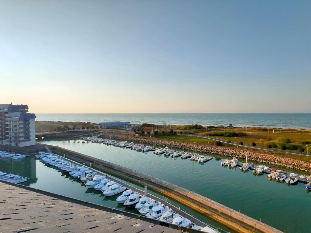 une vue aérienne d'une marina avec des bateaux dans l'eau dans l'établissement Bleu horizon, à Courseulles-sur-Mer