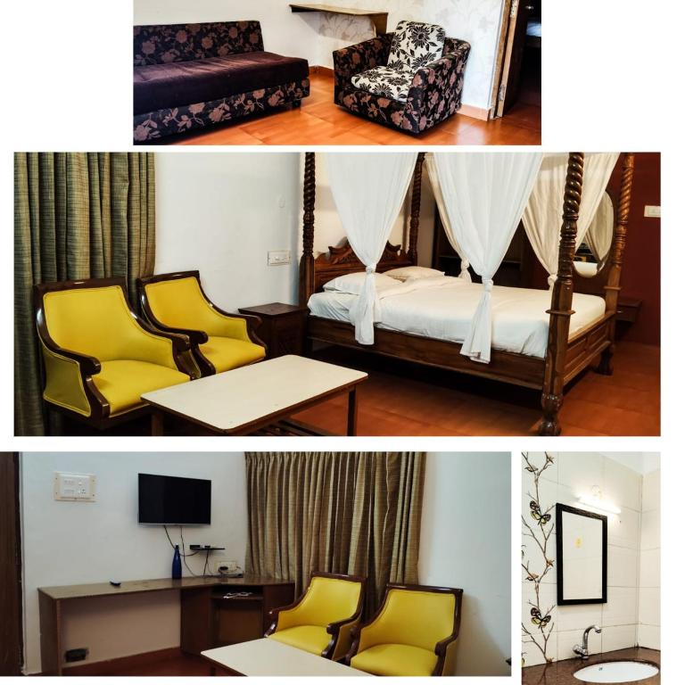 2 Bilder eines Hotelzimmers mit einem Bett und Stühlen in der Unterkunft Rainbow villa in Yercaud