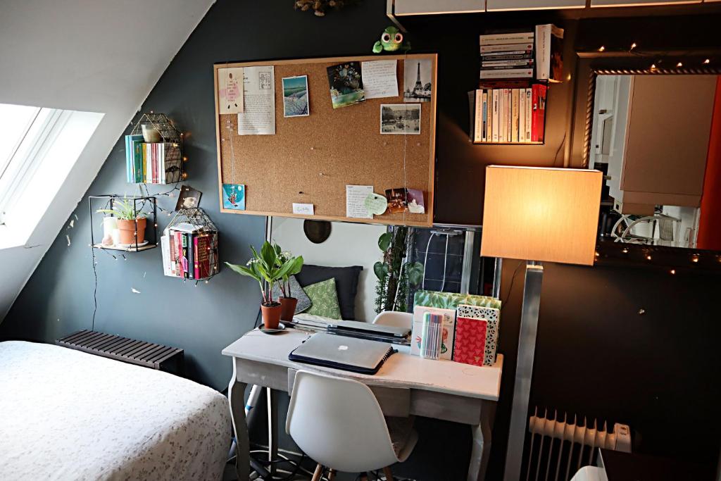 a bedroom with a desk with a bed and a deskablish at Le Mini Nas - Paris Centre in Paris