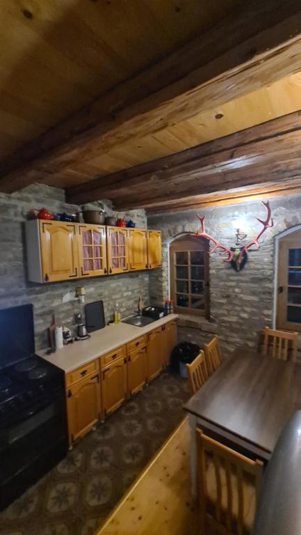 una cucina con armadi in legno e tavolo in legno di Vikendica Kapetan Bajski a Bezdan
