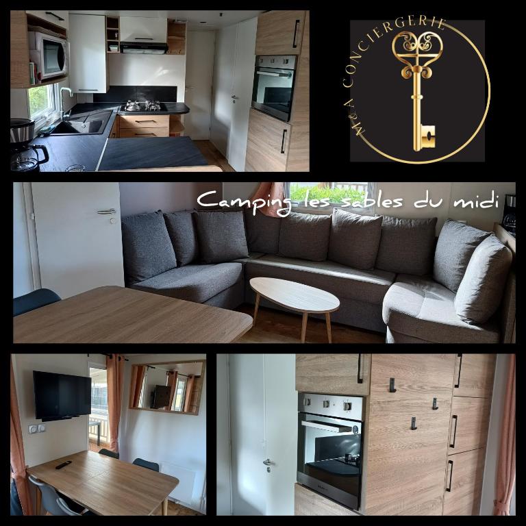 un collage de photos d'une cuisine et d'un salon dans l'établissement Camping siblu à Valras plage, à Valras-Plage