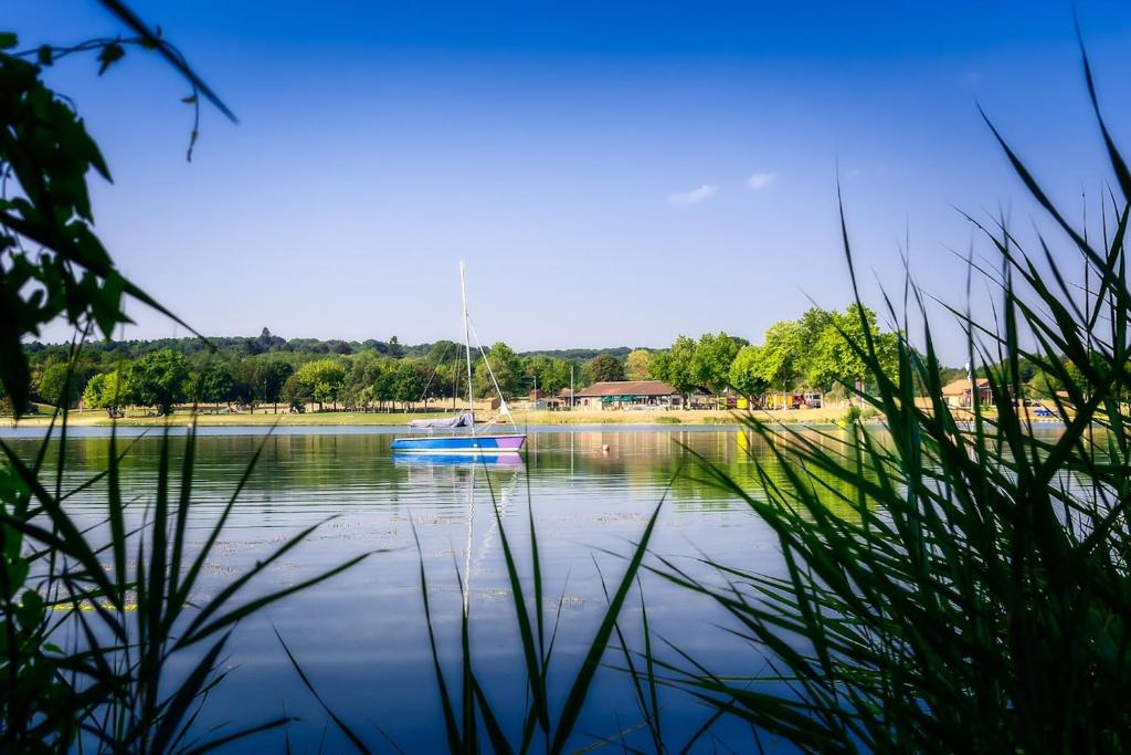 a blue boat sitting on a lake with grass at Das Sommerhaus "im Land der tausend Seen" in Federow