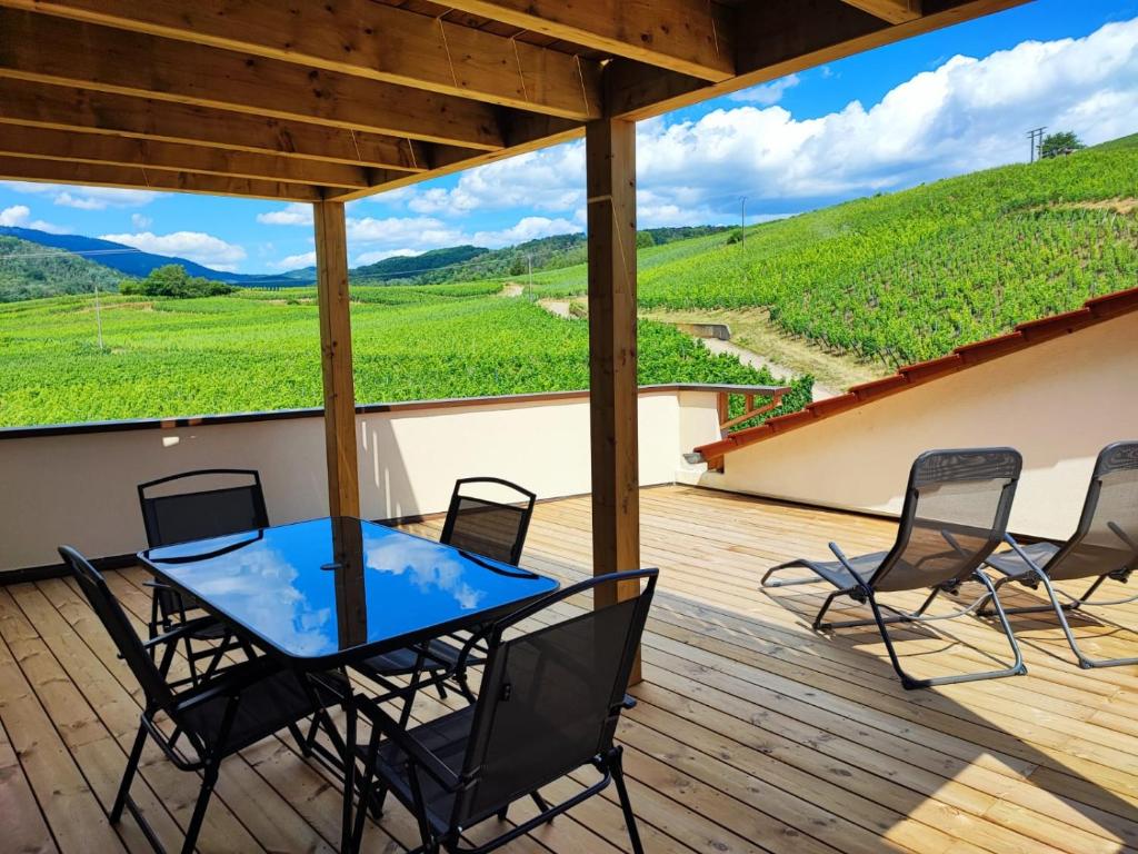 - une table et des chaises sur une terrasse avec vue sur un vignoble dans l'établissement Le cocon de Jeannette, à Bergheim
