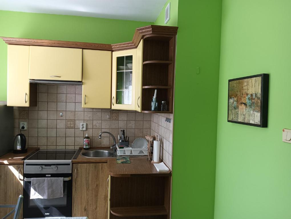 uma cozinha com armários amarelos e um lavatório em Apartament Wyszyńskiego 32m16 em Kalisz