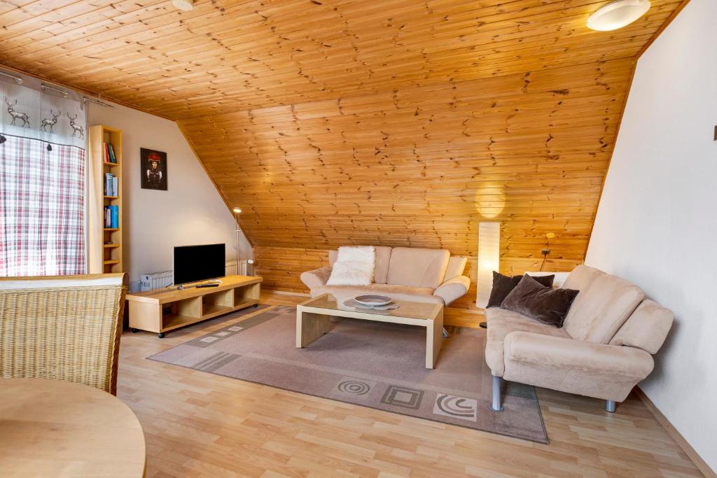 een woonkamer met 2 stoelen en een televisie bij Haus am Südhang in Lenzkirch