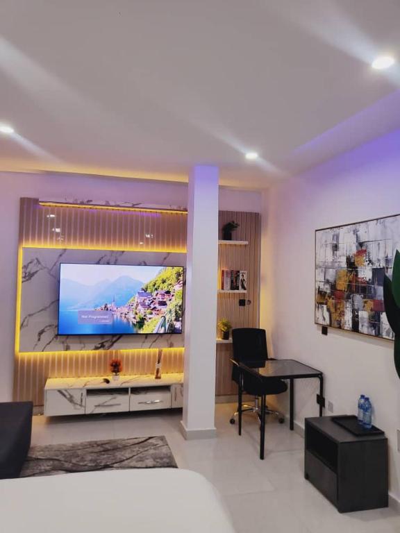 TV a/nebo společenská místnost v ubytování Stylish Modern Studio Apartment Banana Island Ikoyi
