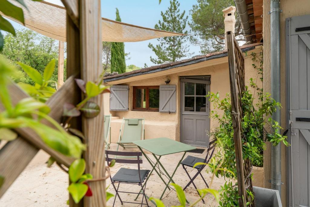 un patio avec une table et des chaises devant un bâtiment dans l'établissement Maison Marvic, Studio dans les pins, à Apt