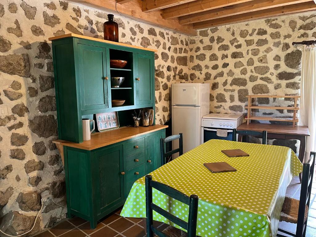 a kitchen with a green cabinet and a table at Loft du Moulin Chandy in Usson-en-Forez